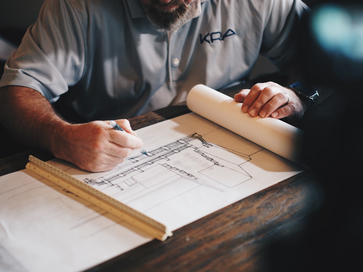 Hand-drafting on a technical drawing
