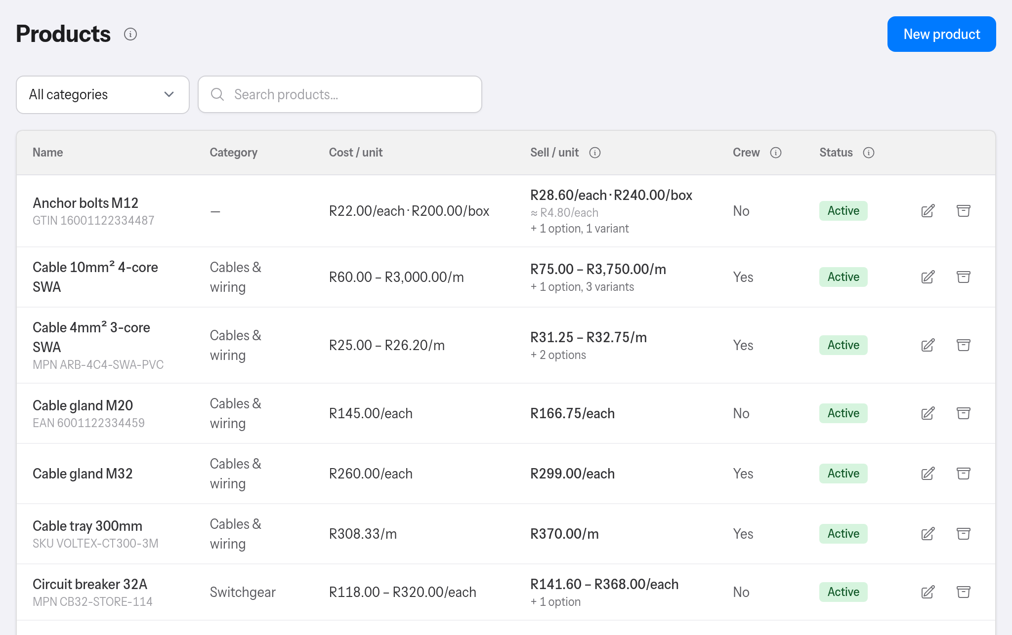The Products page of a Quotier catalogue: each product's category, cost and sell price per unit, crew and options