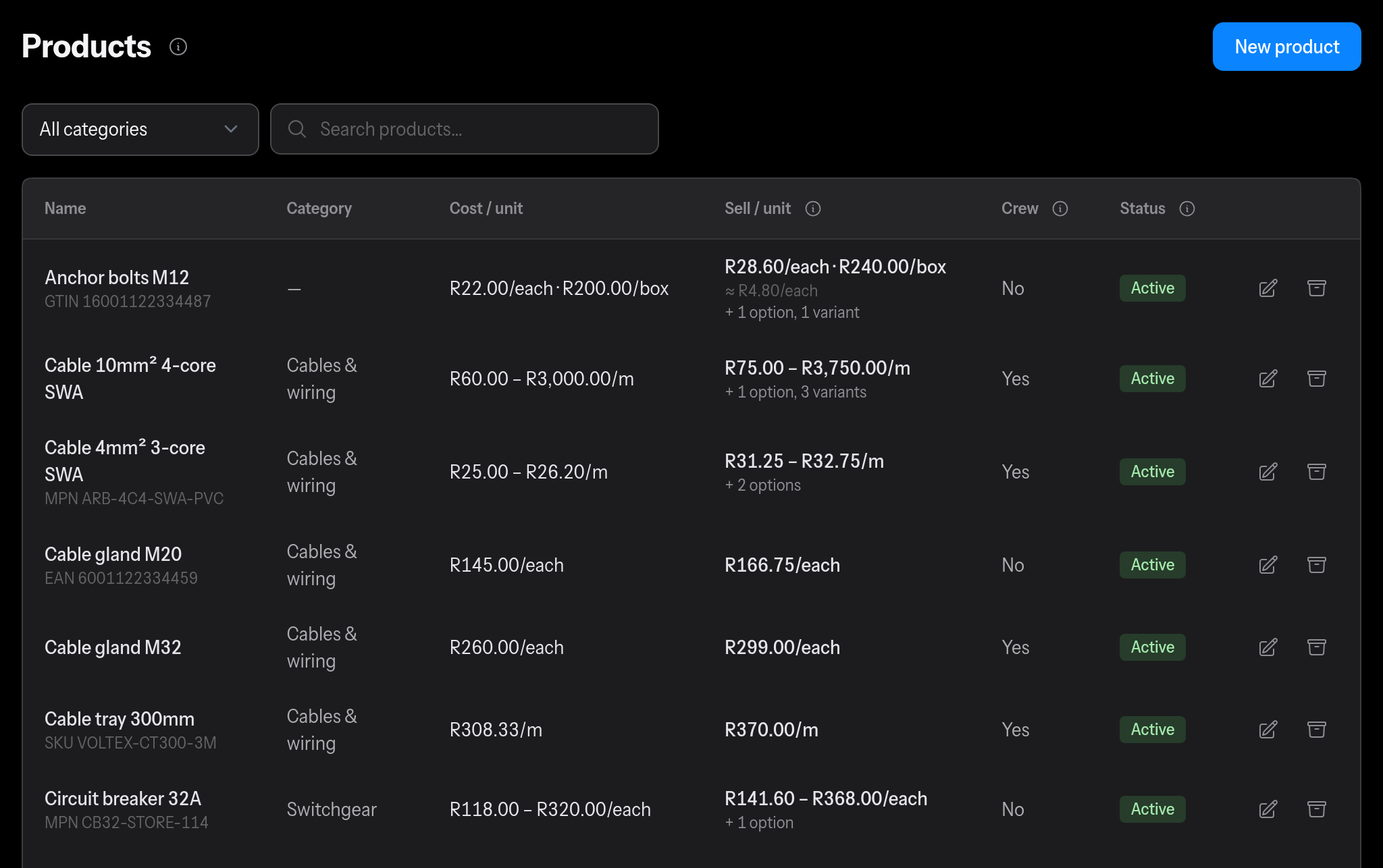 The Products page of a Quotier catalogue: each product's category, cost and sell price per unit, crew and options